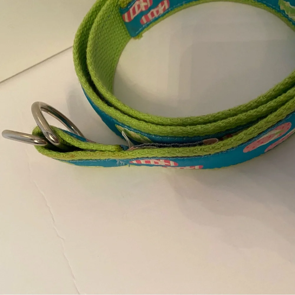 DOUGLAS PAQUETTE BELT GREEN CANVAS WEBBING BLUE FLIP FLOP RIBBON SIZE L USA